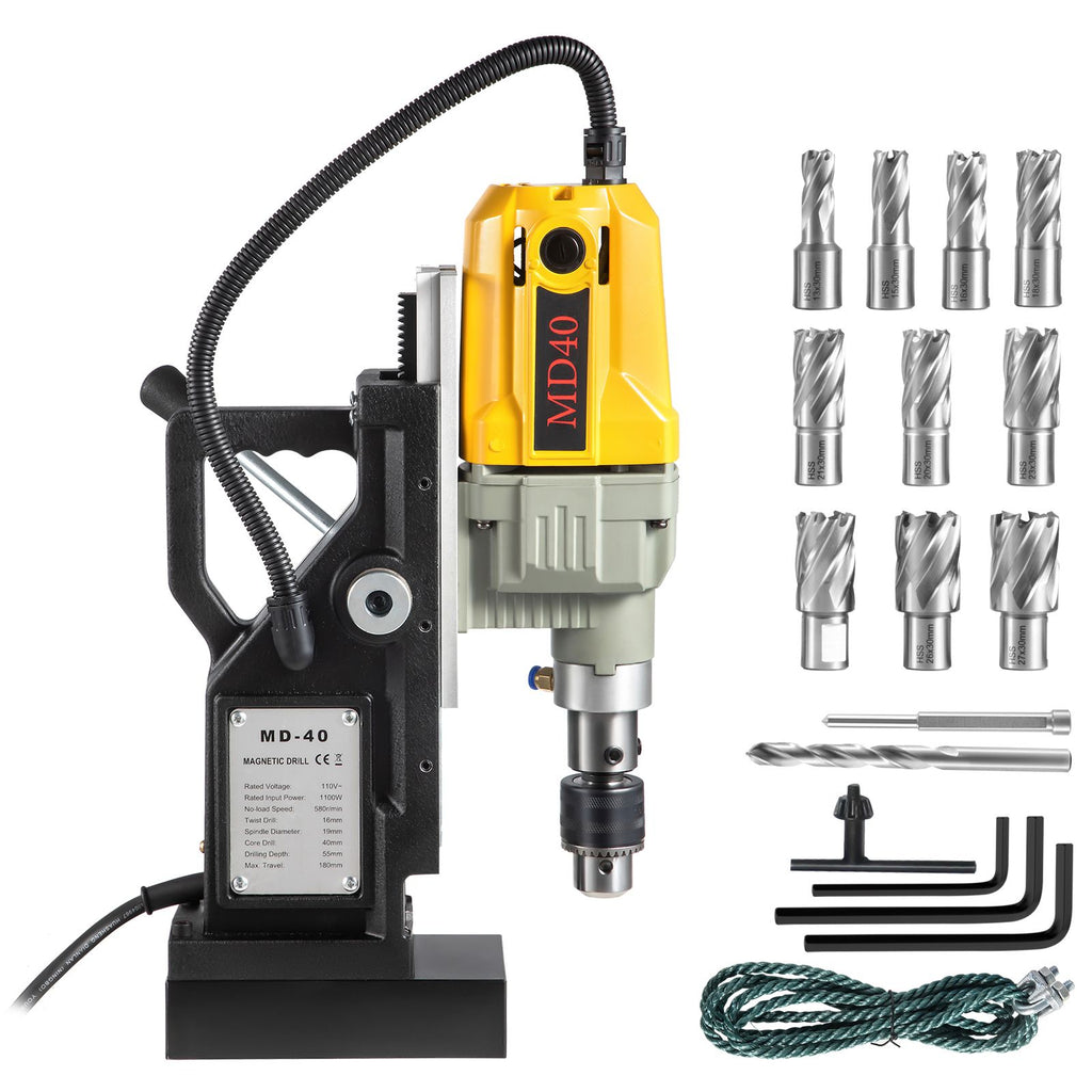 Magnetic Drill, 1100W 1.57\" Boring Diameter, 2697lbf/12000N Portable Electric Mag Drill Press with 12 Drilling Bits, 580 RPM Max Speed Drilling Machine for any Surface and Home Improvement