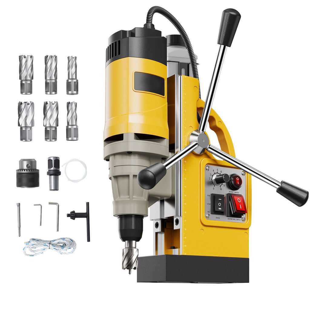 Magnetic Drill, 1450W Motor 2 in Boring Diameter, 2878 lbf Electric Mag Drill Press, with 6 Coring Bits, Variable Speed, Drilling Machine for Metal Surface, Home Improvement Industry, Yellow