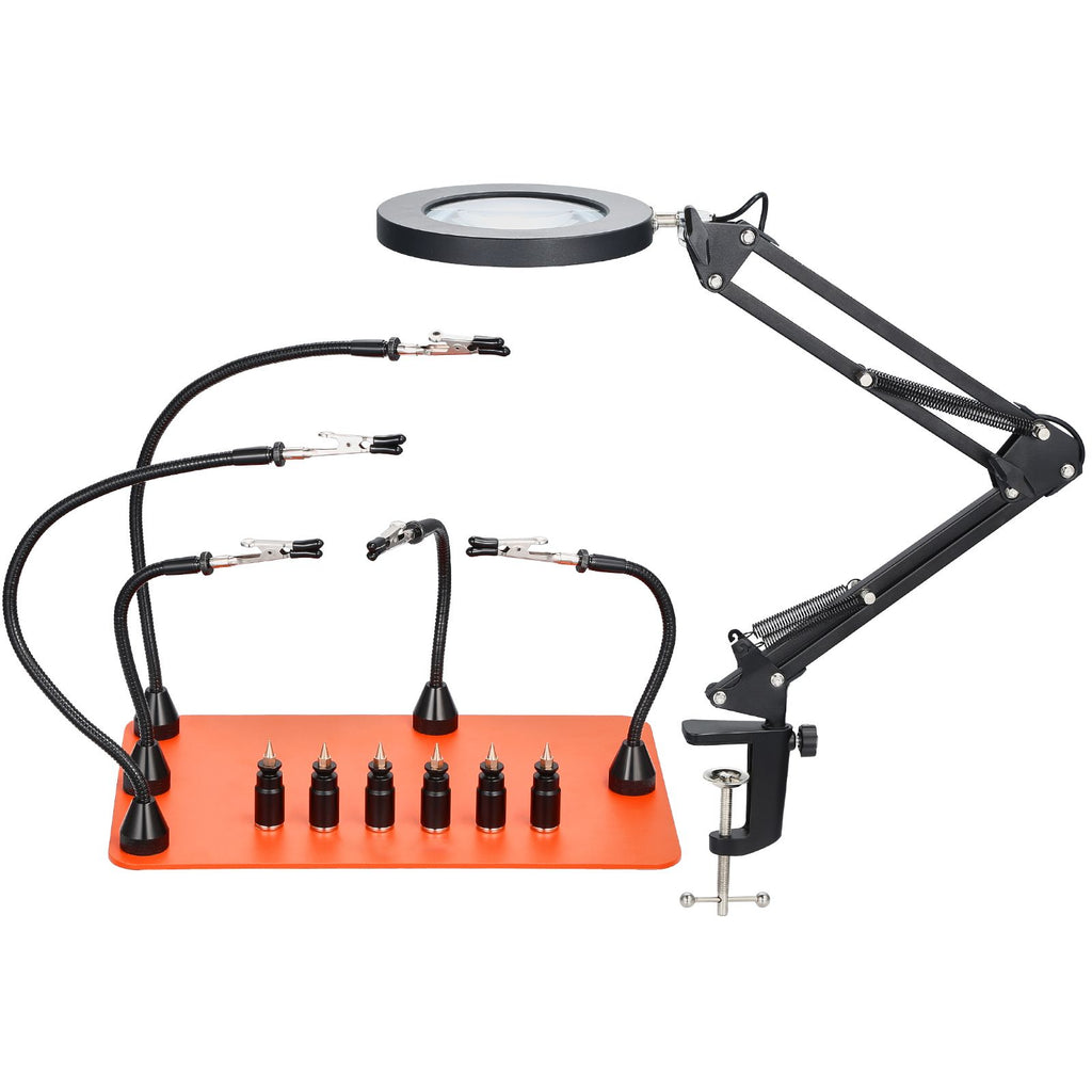 Magnetic Helping Hands Soldering Station, 2-In-1 Third Hand Soldering Tool - 3X LED Magnifying Lamp & 5 Flexible Arms, 6 PCB Holders, Heavy-Duty Base Station for Electronic Repair Craft Hobby