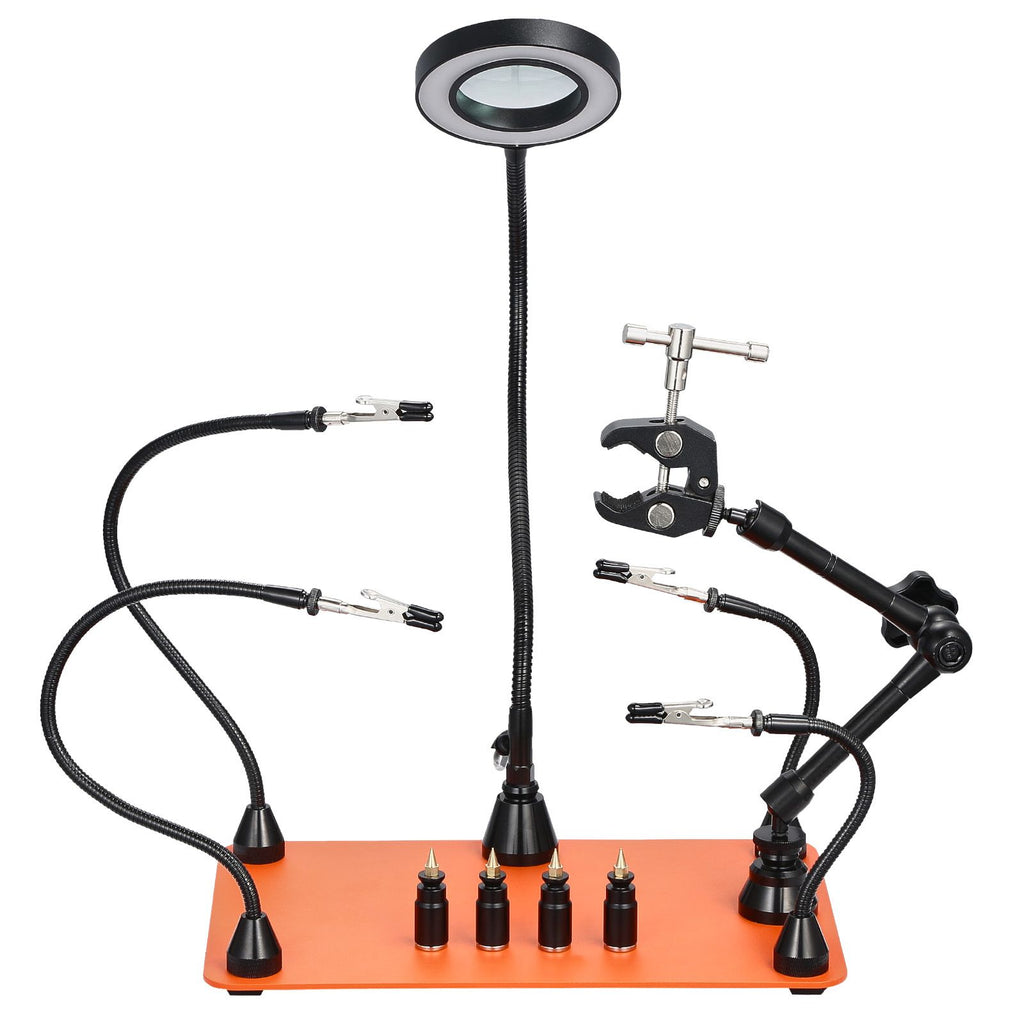Magnetic Helping Hands Soldering Station, Third Hand Soldering Tool with 3X LED Magnifying Lamp, 4 PCB Holders & 360 Hot Air Gun Holder, Heavy-Duty Base Station for Electronic Repair Craft Hobby