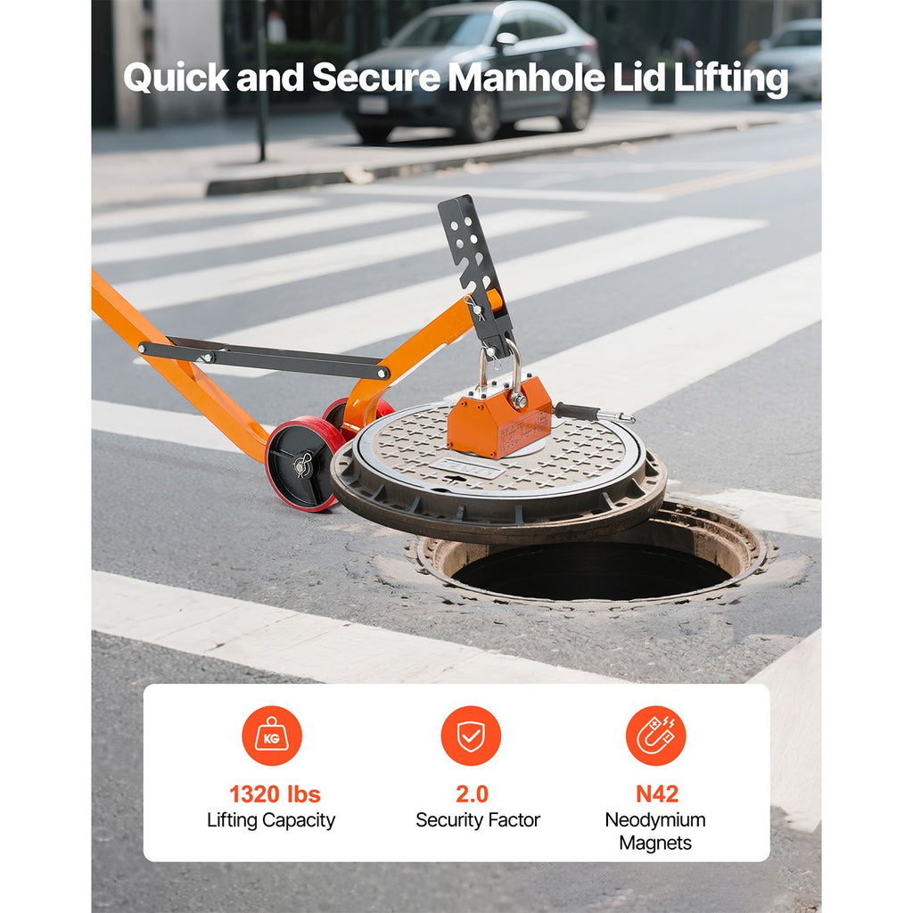 Magnetic Lid Lifter Dolly, 1320 lbs Pulling Capacity, Steel Dolly with Heavy Duty Magnet Lift and 2 Wheels, Adjustable Handle, N42 Neodymium, Foldable and Portable, for Lifting Manhole Covers image 2