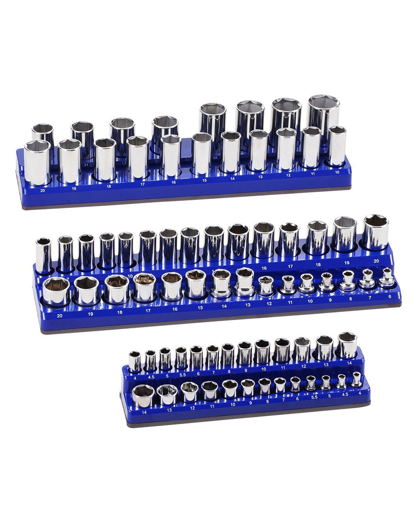 Magnetic Socket Organizer Set, 3PCS Magnetic Socket Holder, 1/4'', 3/8'' & 1/2'' Metric Socket Trays with Clear Labels, Hold up to 75PCS Standard & Deep Sockets, Blue (Sockets Not Included)