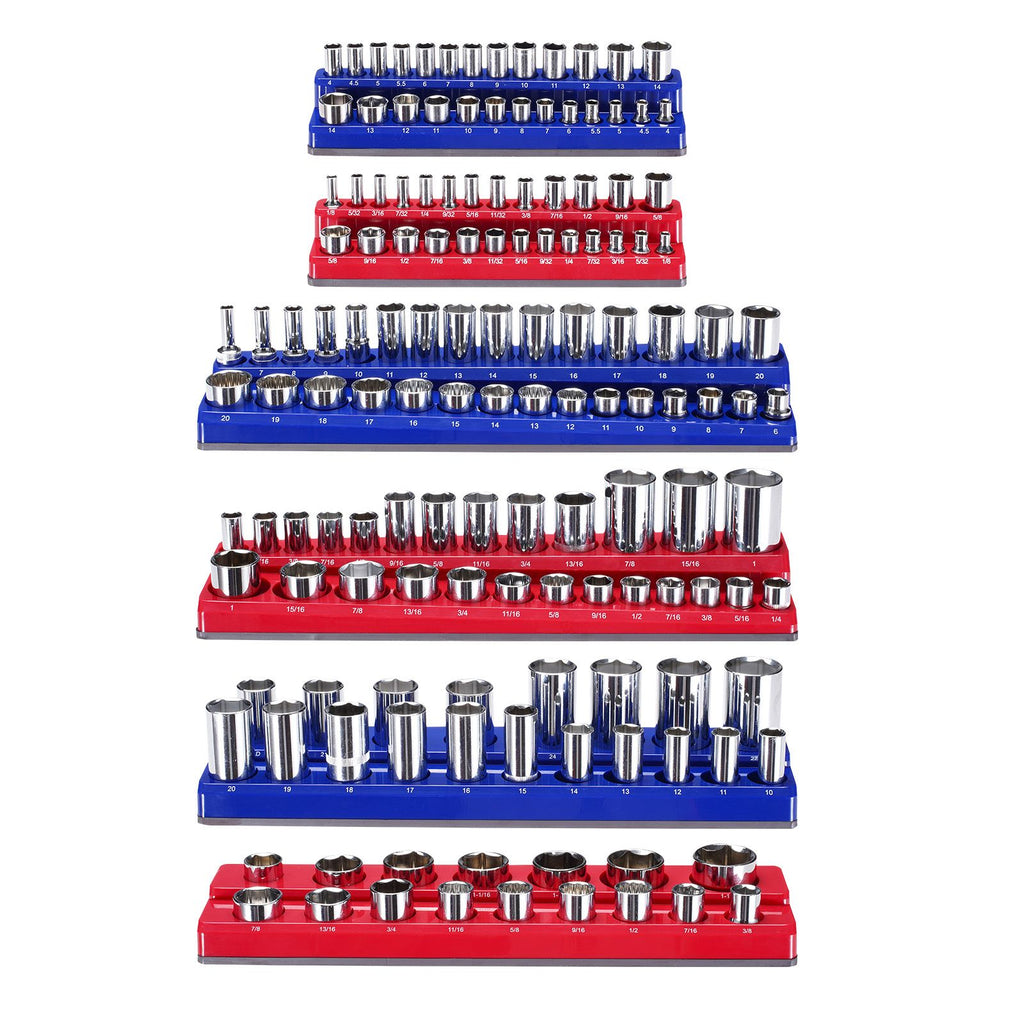 Magnetic Socket Organizer Set, 6PCS Socket Holder, 1/4'', 3/8'' & 1/2'' Metric SAE Socket Trays with Clear Labels, Hold up to 143PCS Standard & Deep Sockets, Blue & Red (Sockets Not Included)
