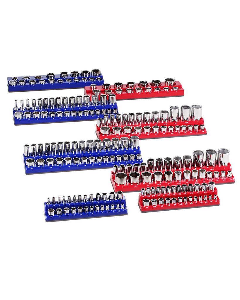 Magnetic Socket Organizer Set, 8PCS Socket Holder, 1/4'', 3/8'' & 1/2'' Metric SAE Socket Trays with Clear Labels, Hold up to 199PCS Standard & Deep Sockets, Blaue & Red (Sockets Not Included)