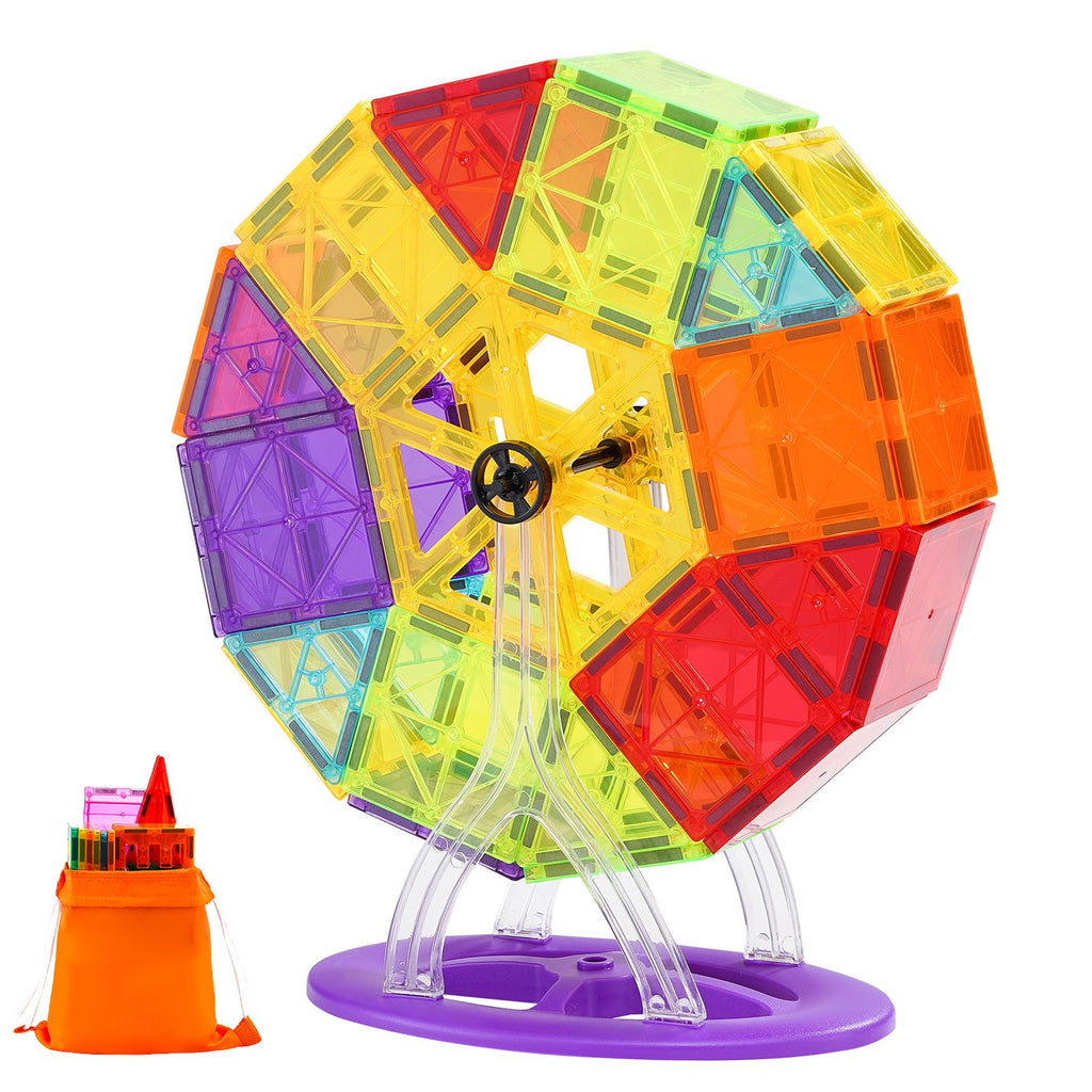 Magnetic Tiles, 180 PCS Magnetic Building Blocks for Kids, Magnet Building Set with 2 Car Bases & Ferris Wheel Stand, STEM Educational Construction Stacking Toys for Toddlers Boys Girls Aged 5+