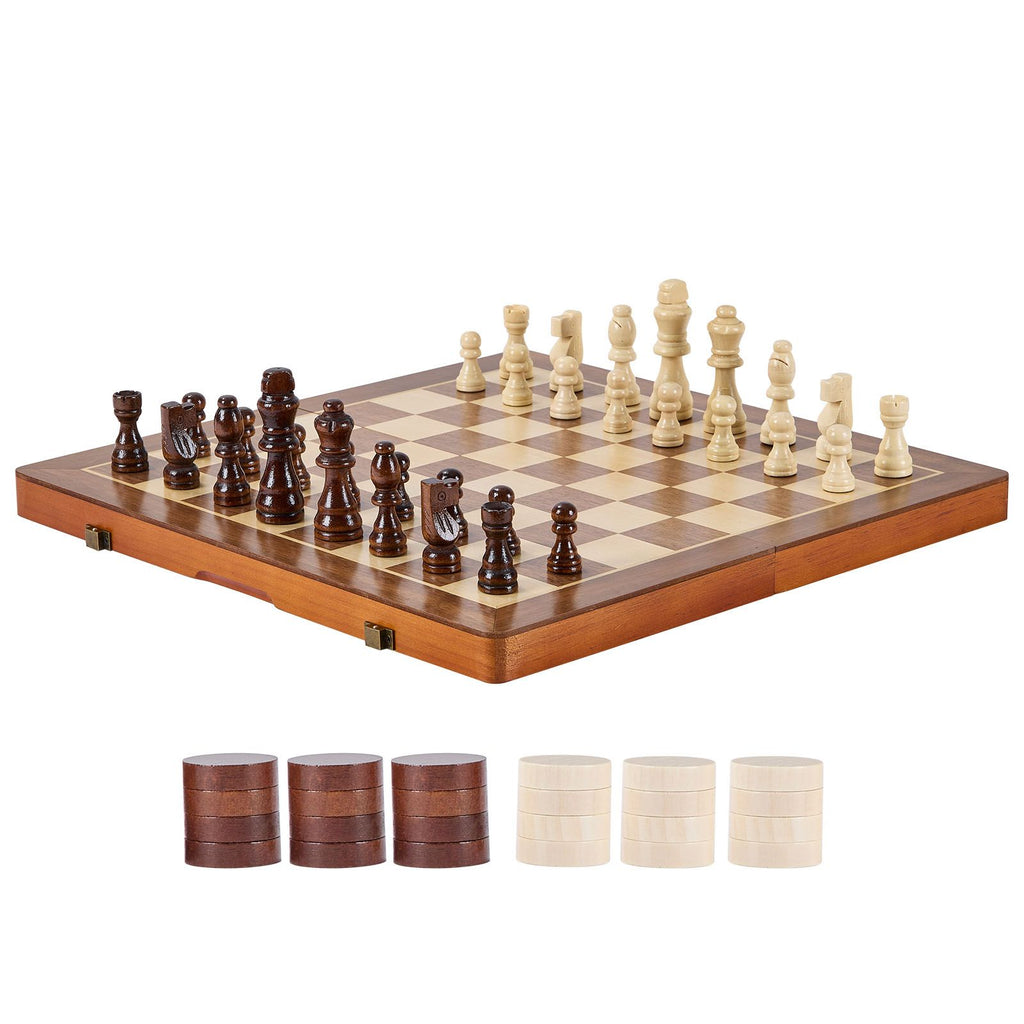 Magnetic Wooden Chess Set, 15 inch 2-IN-1 Chess Checkers Game Set, Folding Chess Board Games for Adults Kids, 2 Queens Portable Travel Gift Chess Set for Tournament Professional Beginner