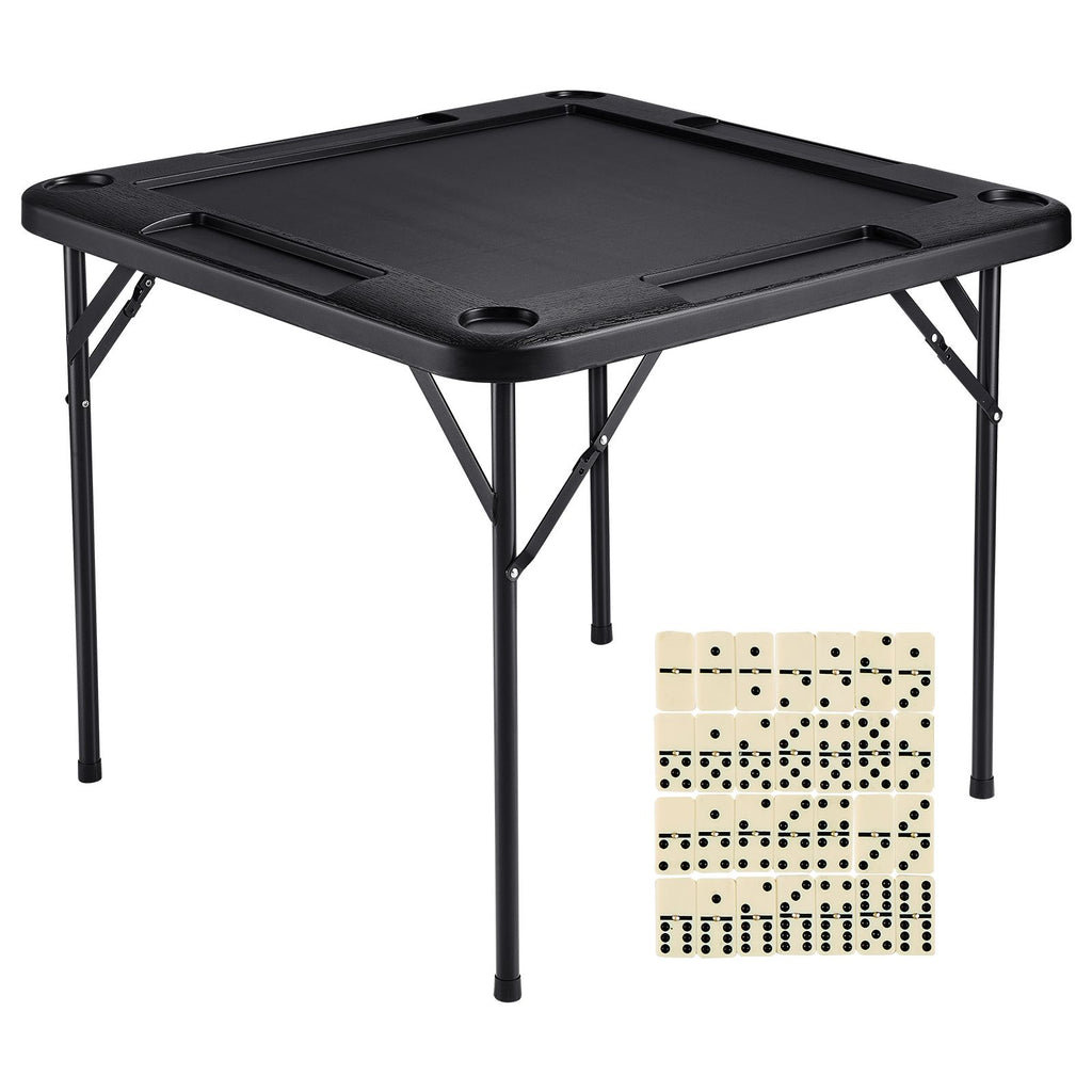 Mahjong Table, Square 4 Player Folding Card Table with 4 Cup Holders & 4 Chip Trays, Portable Domino Game Table with 1 Set of Dominoes for Mahjong Poke Puzzles, 35.4 x 35.4-inch, Black