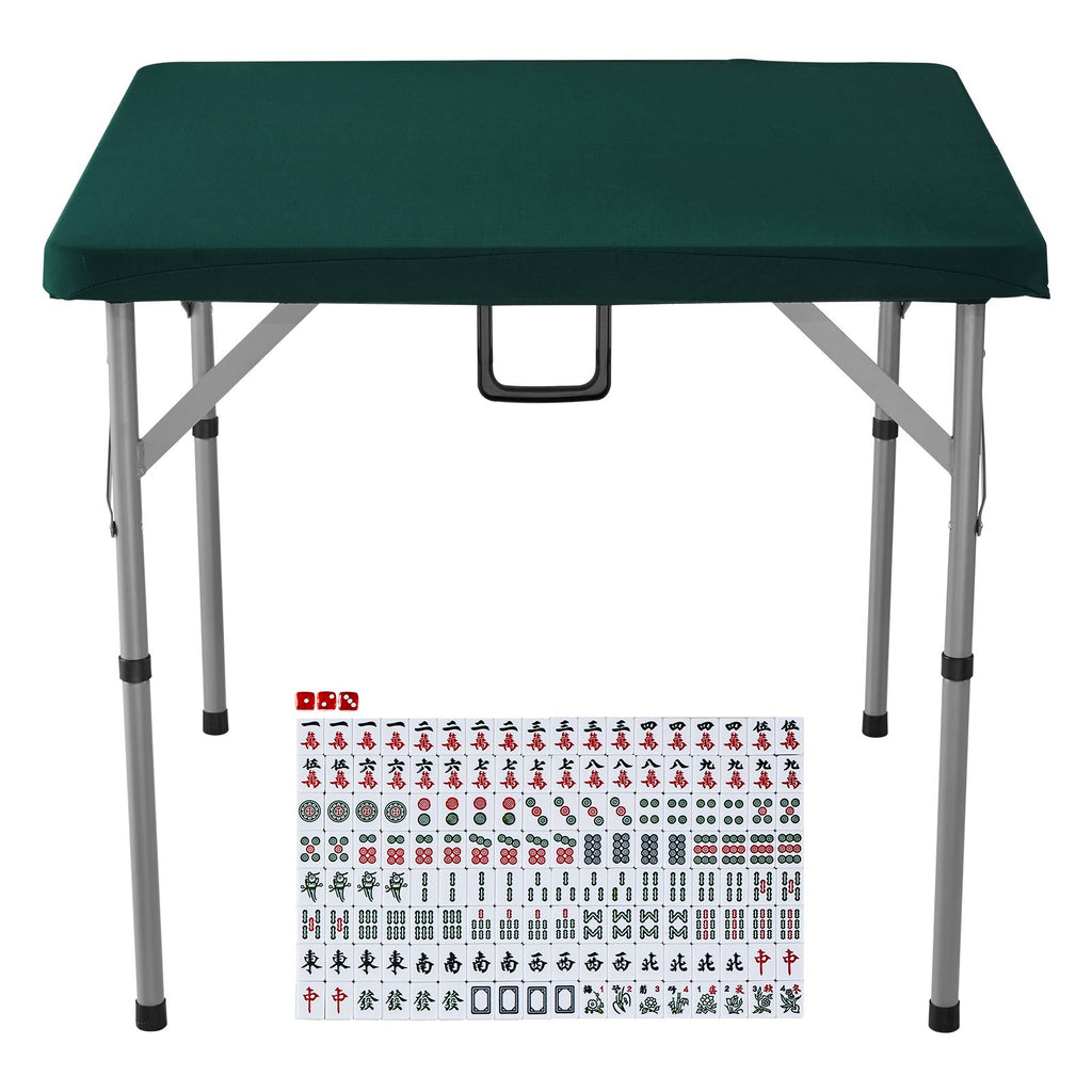 Mahjong Table with Mahjong Tiles Set, Fold-in-Half 4 Player Card Table with 144PCS Majiang Tiles and 3 Dice, Portable Bi-Folding Domino Table with Wear-Resistant Green Tabletop & Carrying Handle