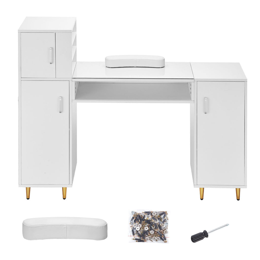Manicure Table, Glass Top Nail Desk, Makeup Dressing Nail Station with Storage Cabinets, Acetone-Resistant Nail Tech Table for Beauty Salon Spa Workstation with 8 Metal Legs, Wrist Rest, White