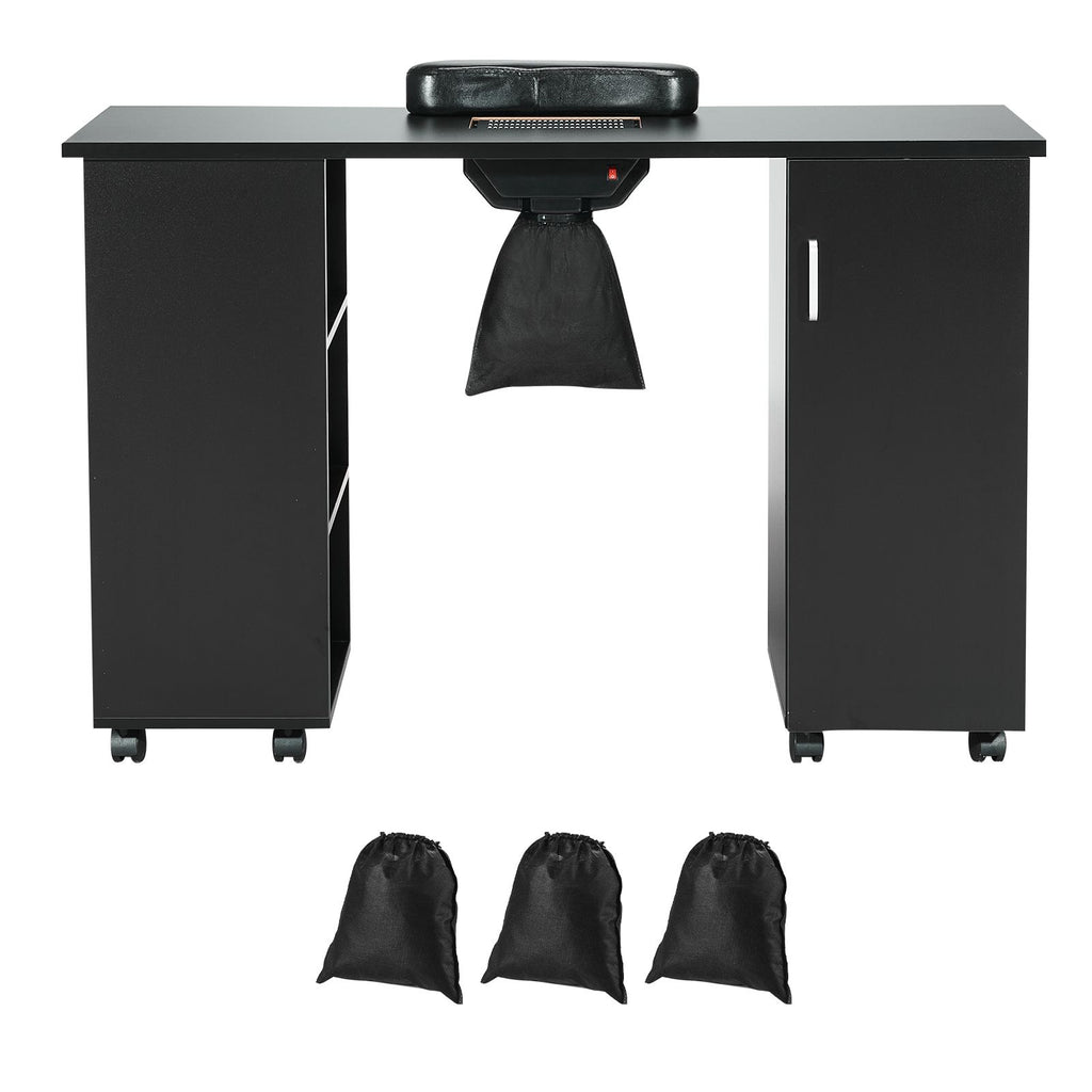 Manicure Table, Nail Table Station with Electric Dust Collector, Moveable Nail Tech Desk with 8 Wheels (4 Lockable), 3 Dust Bag & Wrist Rest, MDF Nail Art Workstation for Spa Beauty Salon, Black