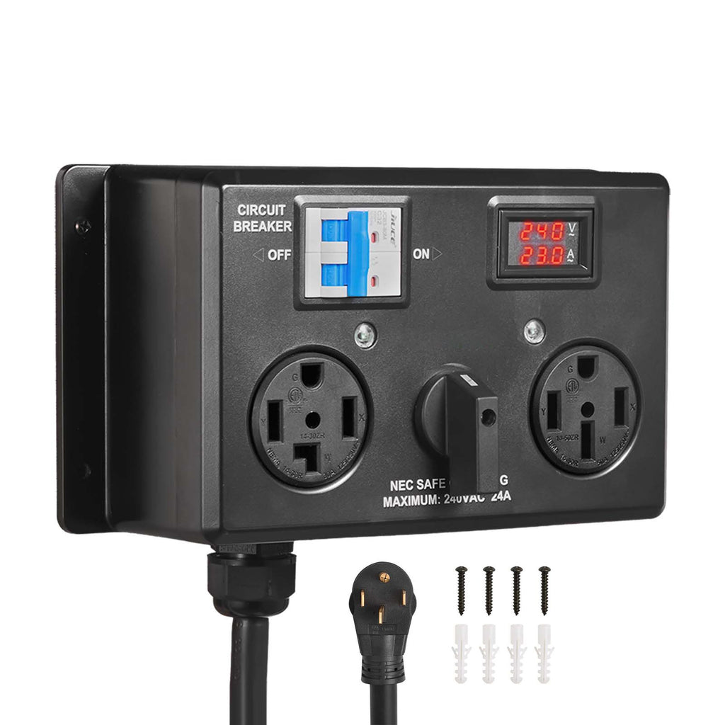 Manual EV Charging Switch, NEMA 14-30P to 14-30R & 14-50R, Splitter Switch for Dryer & EV, 24A Max 240V Manual Power Distribution with Circuit Breaker, Hand-Operated Selector, Plug and Play, ETL