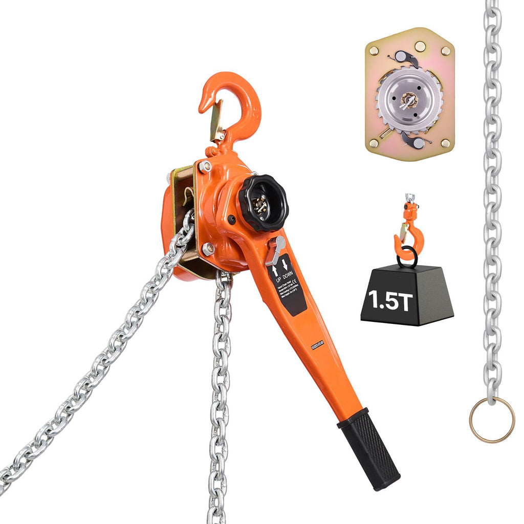 Manual Lever Chain Hoist, 1-1/2T 3300LBS Capacity Heavy Duty Come Along, 10FT Lift G80 Alloy Steel Chain With Dual Pawl Mechanical Brake,360°Rotating Hooks, for Warehouse Construction Garage