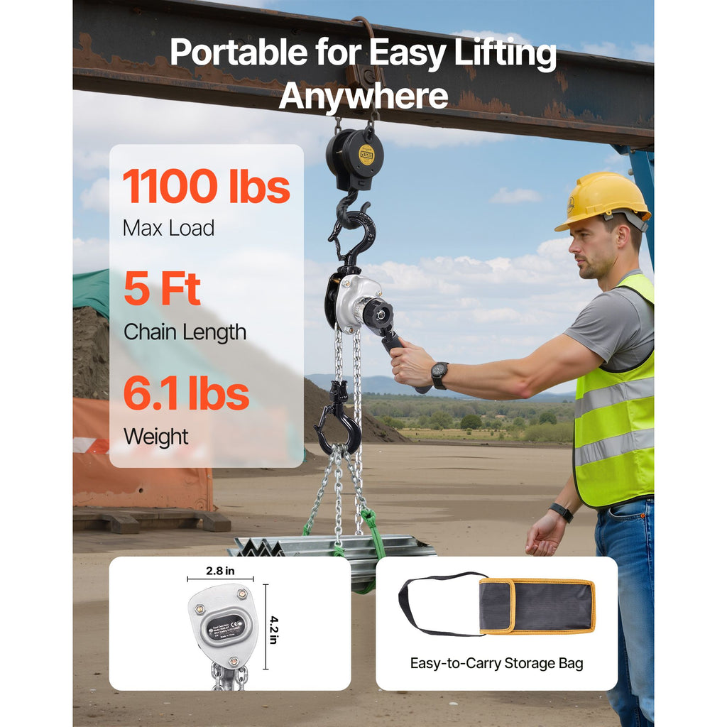 Manual Lever Chain Hoist, 1/2T 1100LBS Capacity Heavy Duty Come Along, 5FT Lift G80 Alloy Steel Chain With Dual Pawl Mechanical Brake,360°Rotating Hooks, for Warehouse Construction Garage image 2