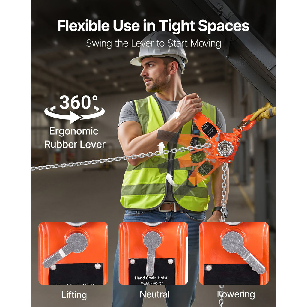 Manual Lever Chain Hoist, 3/4T 1650LBS Capacity Heavy Duty Come Along, 20FT Lift G80 Alloy Steel Chain With Dual Pawl Mechanical Brake,360°Rotating Hooks, for Warehouse Construction Garage