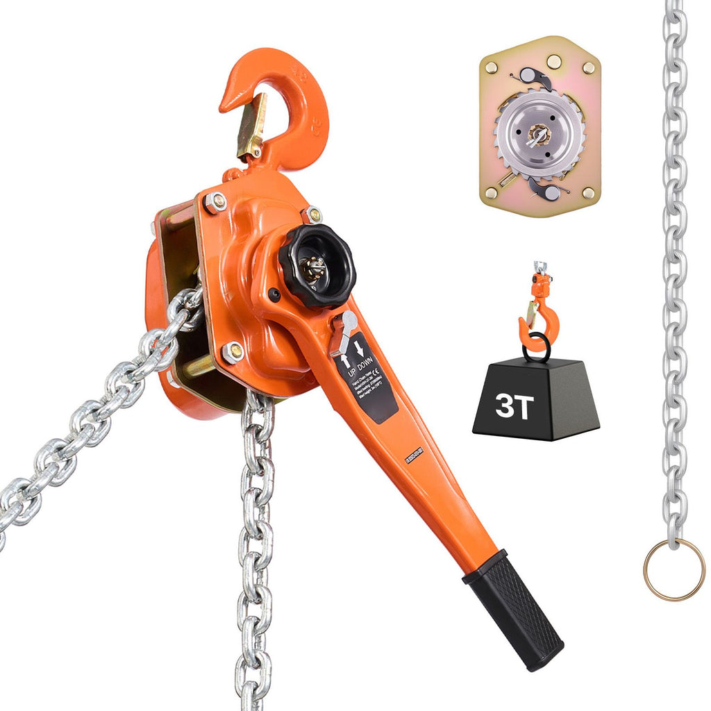 Manual Lever Chain Hoist, 3T 6600LBS Capacity Heavy Duty Come Along, 10FT Lift G80 Alloy Steel Chain With Dual Pawl Mechanical Brake,360°Rotating Hooks, for Warehouse Construction Garage