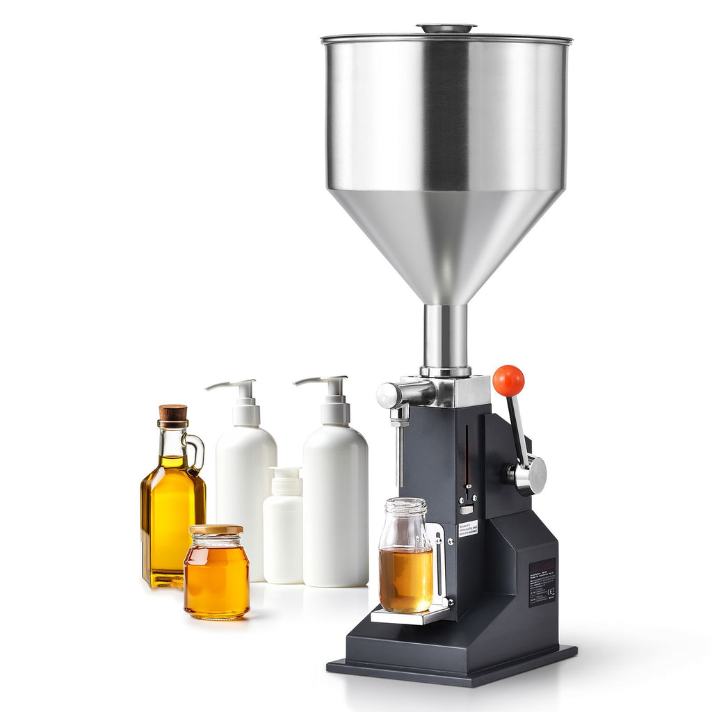 Manual Paste Liquid Filling Machine, 5-50ml Bottle Filler, Adjustable Bottle Filling Machine, Stainless Steel Liquid Filler with Hopper for Milk Water Juice Essential Oil Shampoo Cosmetic Honey