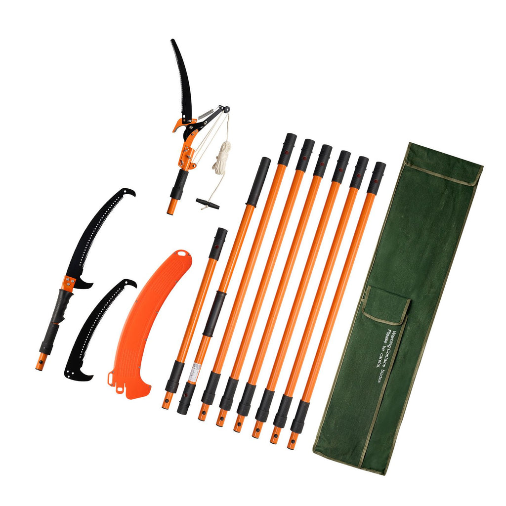 Manual Pole Saw, 4.46-26.4 ft Extendable Tree Pruner with Scissors, Sharp 65Mn Steel Blade, Lightweight Fiberglass Handle Pole, Two Double-Hook Saws, for High Branch Trimming, Palms and Shrubs