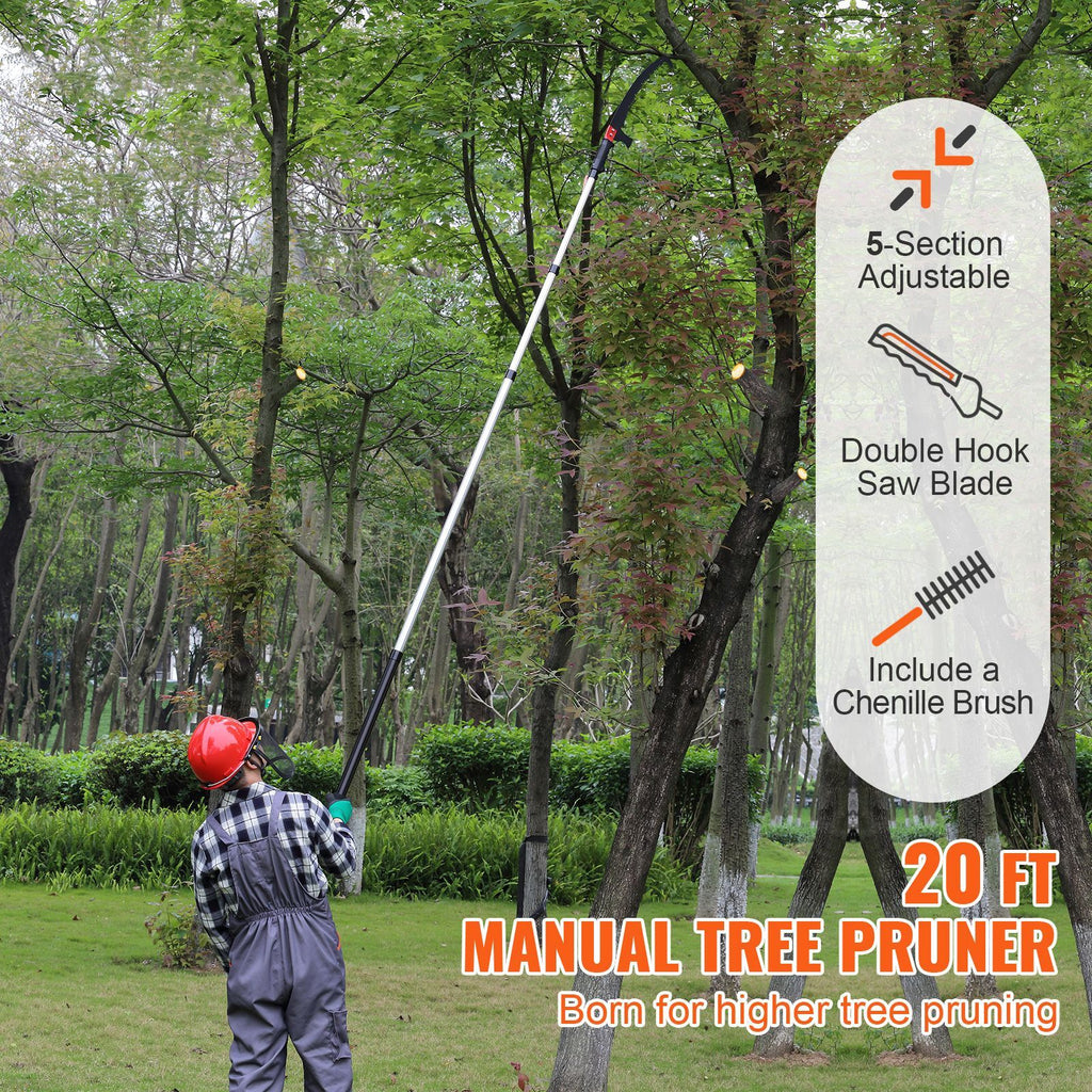 Manual Pole Saw, 4.9-20 ft Extendable Tree Pruner, Sharp Steel Blade for High Branches Trimming, with Lightweight Aluminum Alloy Handle and a Chenille Brush, for Pruning Palms and Shrubs