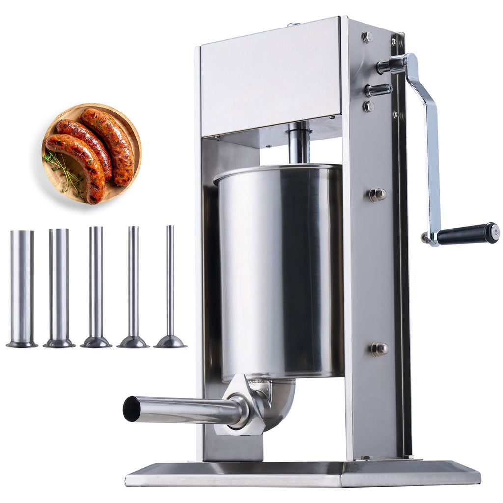 Manual Sausage Stuffer, 10 L / 22 LBS Vertical Sausage Machine, Dual-Speed Meat Stuffer, Made of Food-Grade 304 Stainless Steel, Includes 5 Stuffing Tubes, for Home Kitchen Restaurant Commercial