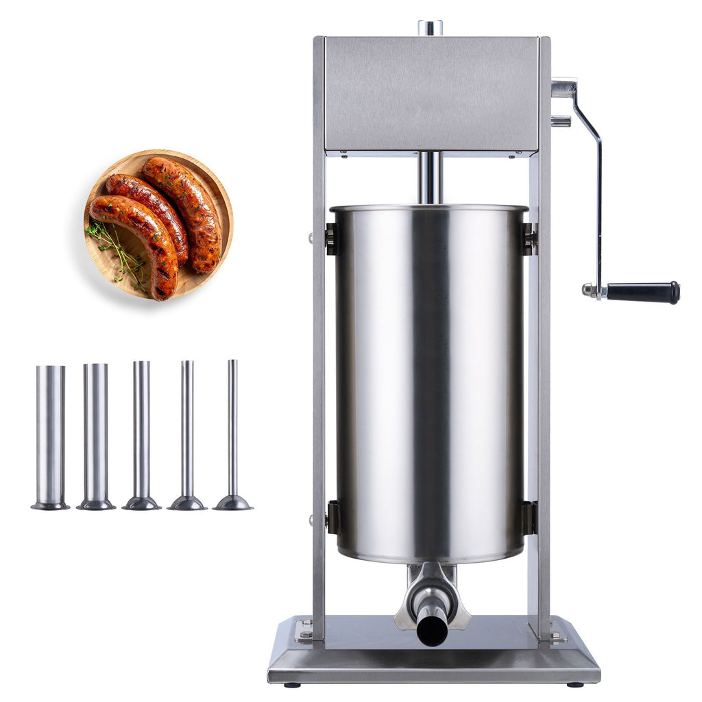 Manual Sausage Stuffer, 15 L / 30 LBS Vertical Sausage Machine, Dual-Speed Meat Stuffer, Made of Food-Grade 304 Stainless Steel, Includes 5 Stuffing Tubes, for Home Kitchen Restaurant Commercial