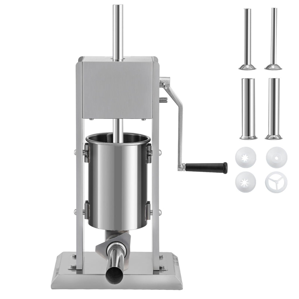 Manual Sausage Stuffer, 5LBS/3L Capacity, Two Speed 304 Stainless Steel Vertical Sausage Stuffer, Sausage Filling Machine with 4 Stuffing Tubes, Suction Base for Household or Commercial Use
