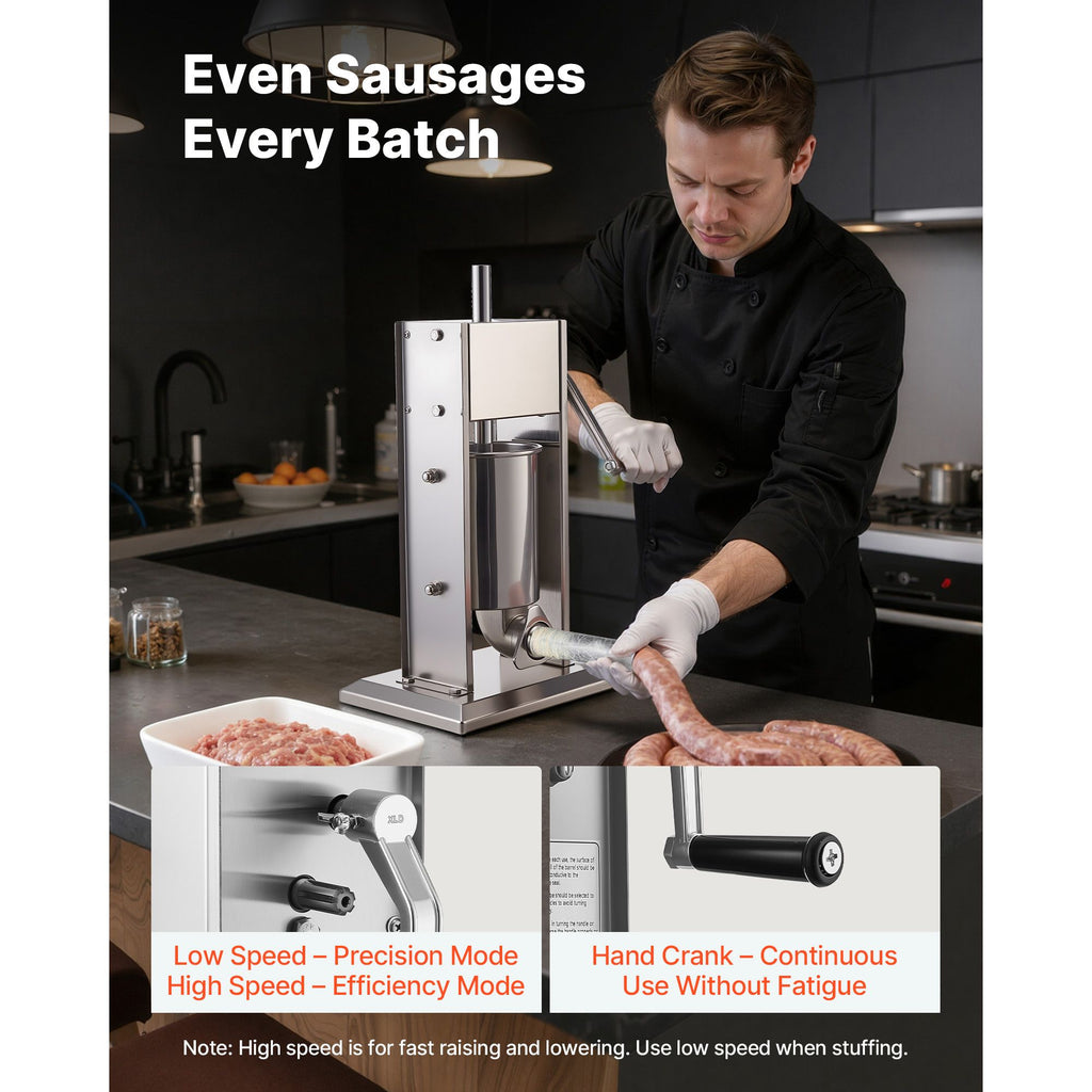 Manual Sausage Stuffer, 7 LBS / 3 L Vertical Meat Stuffer, Heavy Duty Sausage Casing Meat Stuffing Machine, Dual-Speed Stainless Steel Filler with 5 Filling Tubes, for Commercial and Home Use image 2