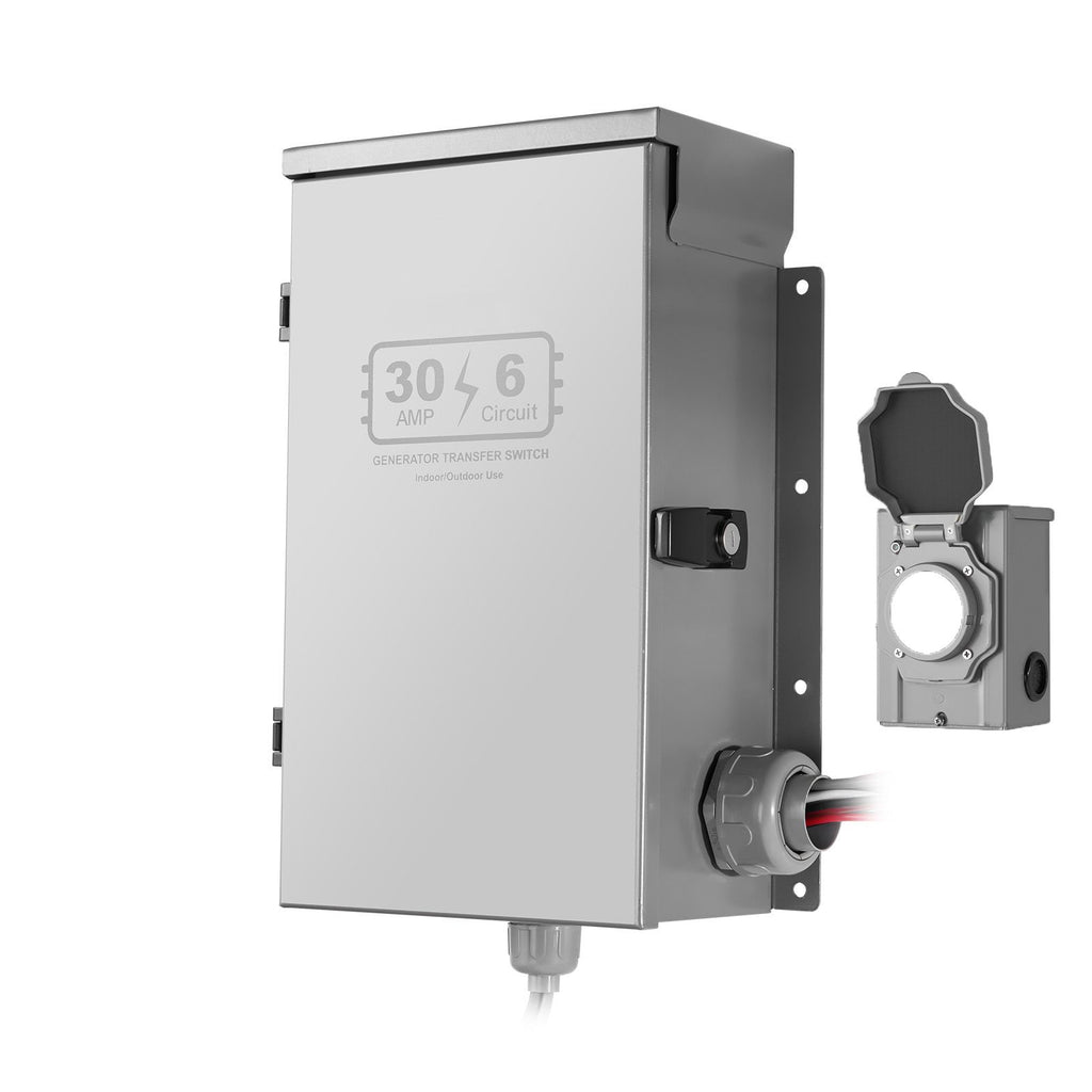 Manual Transfer Switch, 30-Amp 6-Circuit, Prewired Generator Transfer Switch Kit with NEMA L14-30P Power Inlet Box, Double-Throw Switch, NEMA 3R, Mechanical Watt Meter, for 7500W Generators