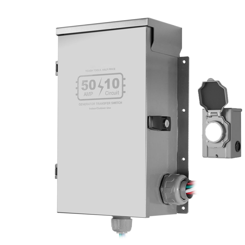 Manual Transfer Switch, 50-Amp 10-Circuit, Prewired Generator Transfer Switch Kit with CS6375 Plug Power Inlet Box, Double-Throw Switch, NEMA 3R, Mechanical Watt Meter, for 12500W Generators
