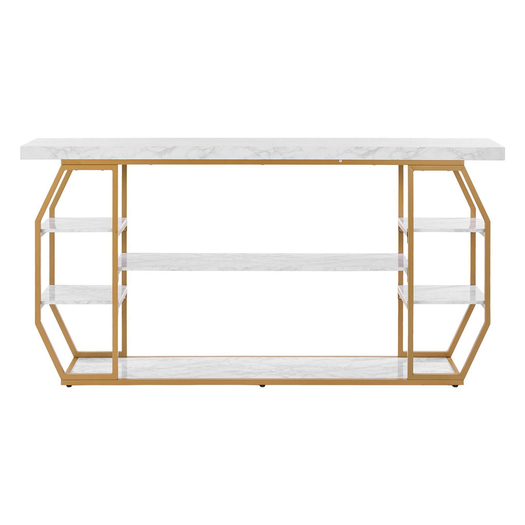 Marble Console Table, 3 Tiers Modern Console Table for Open Storage, Golden Geometric Table with Iron Tubes, Anti-Tip Device and Triangular Support for Living Room, Hallway, Entryway, Foyer