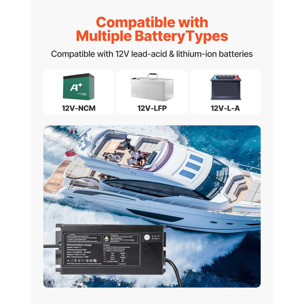 Marine Battery Charger, 1-Bank, 10A 12V Onboard Boat Charger, IP68 Waterproof Smart On-Board Battery Charger, for Lithium-Ion (LiFePO4), NCM, Lead-Acid Batteries, Large Boat, Yacht, RV, Trailer image 2