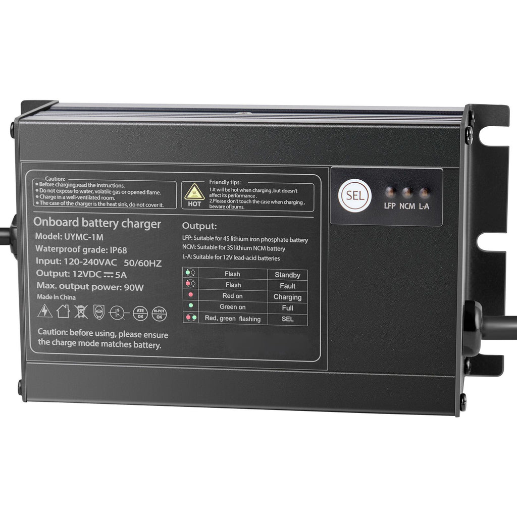 Marine Battery Charger, 1-Bank, 5A 12V Onboard Boat Charger, IP68 Waterproof Smart On-Board Battery Charger, for Lithium-Ion (LiFePO4), NCM, Lead-Acid Batteries, Large Boat, Yacht, RV, Trailer
