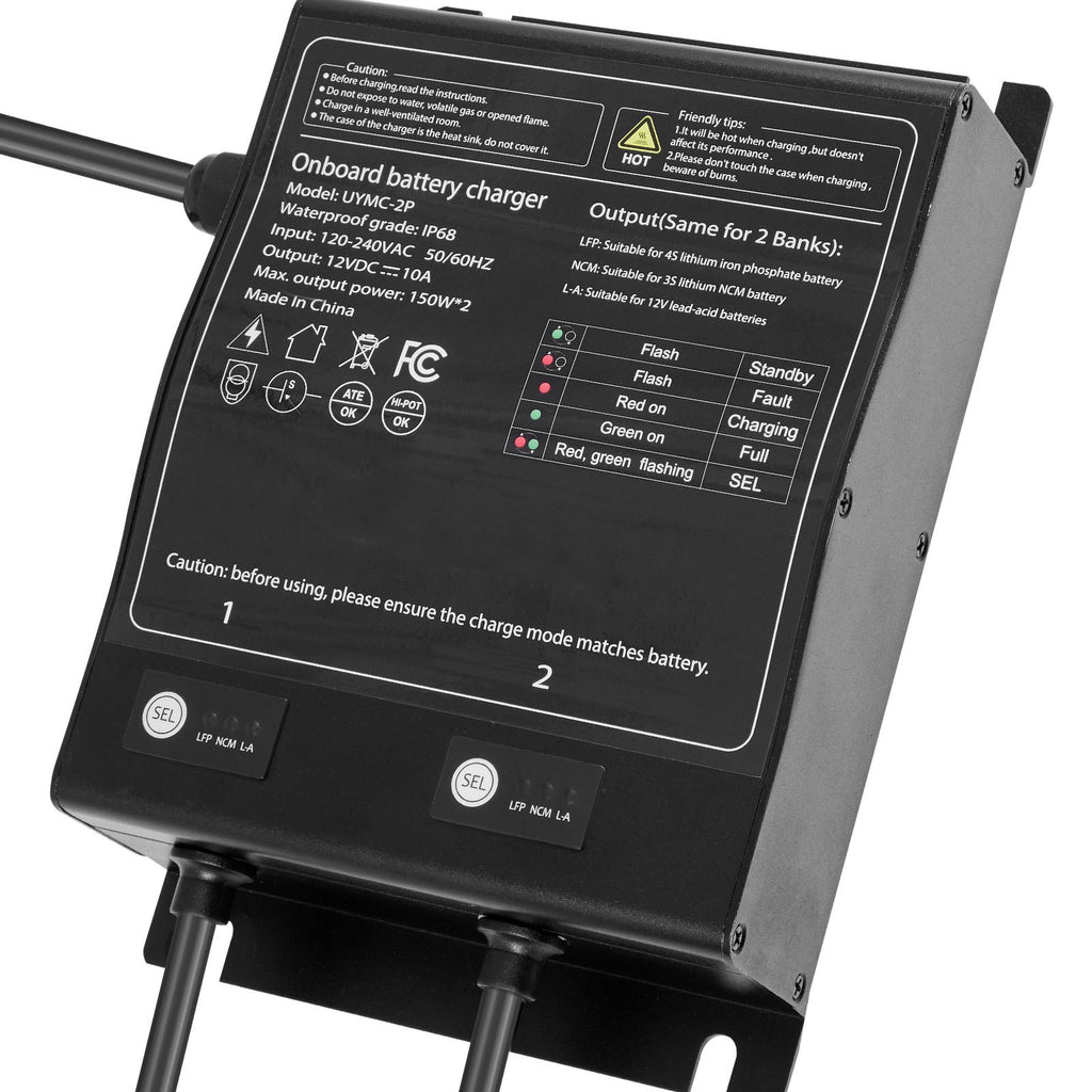 Marine Battery Charger, 2-Bank, 10A 12V Onboard Boat Charger, IP68 Waterproof Smart On-Board Battery Charger, for Lithium-Ion (LiFePO4), NCM, Lead-Acid Batteries, Large Boat, Yacht, RV, Trailer
