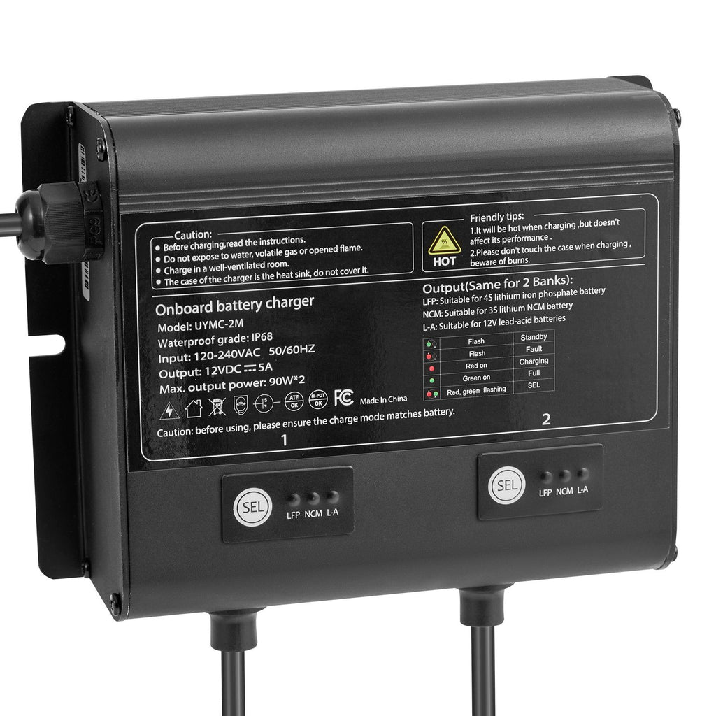 Marine Battery Charger, 2-Bank, 5A 12V Onboard Boat Charger, IP68 Waterproof Smart On-Board Battery Charger, for Lithium-Ion (LiFePO4), NCM, Lead-Acid Batteries, Large Boat, Yacht, RV, Trailer