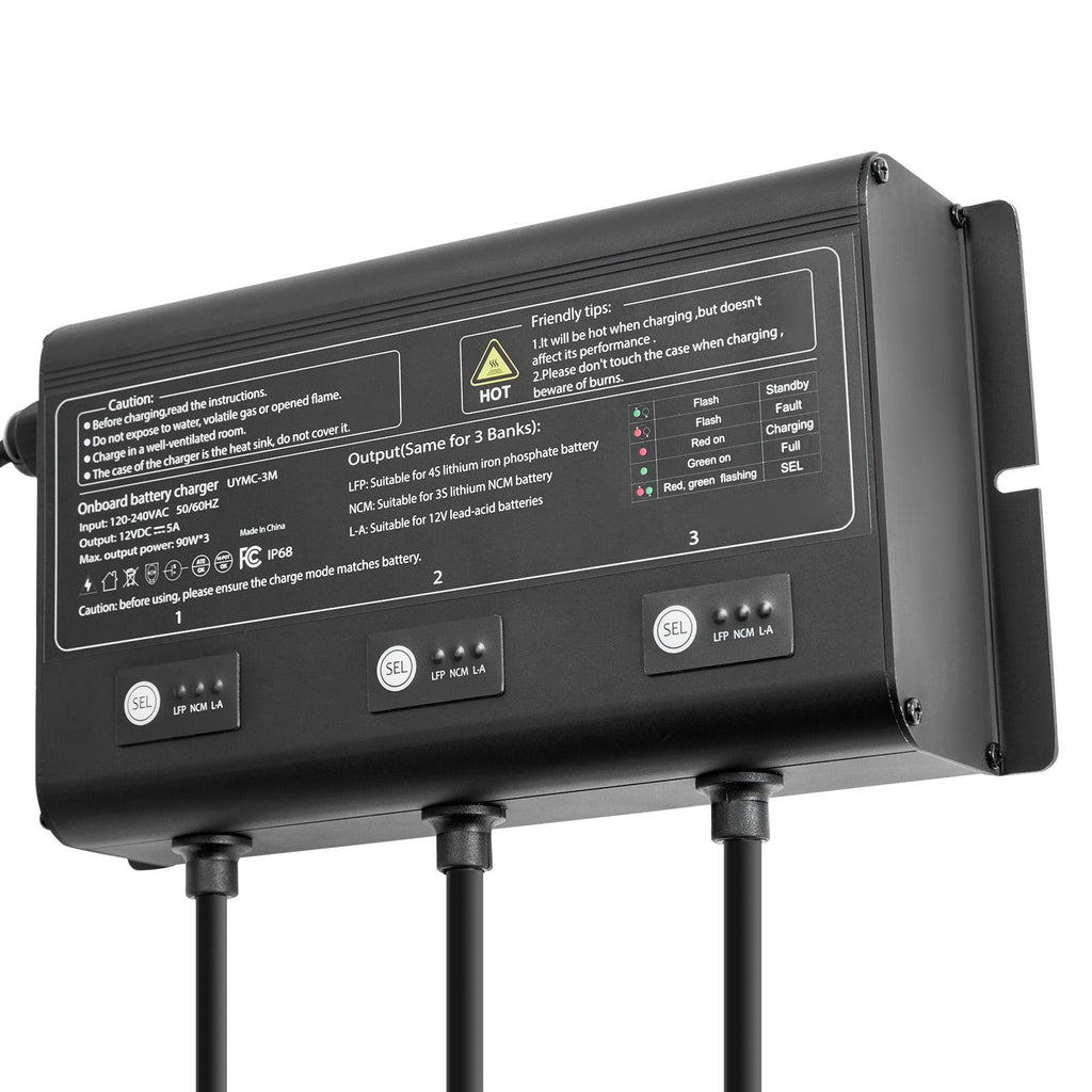 Marine Battery Charger, 3-Bank, 5A 12V Onboard Boat Charger, IP68 Waterproof Smart On-Board Battery Charger, for Lithium-Ion (LiFePO4), NCM, Lead-Acid Batteries, Large Boat, Yacht, RV, Trailer