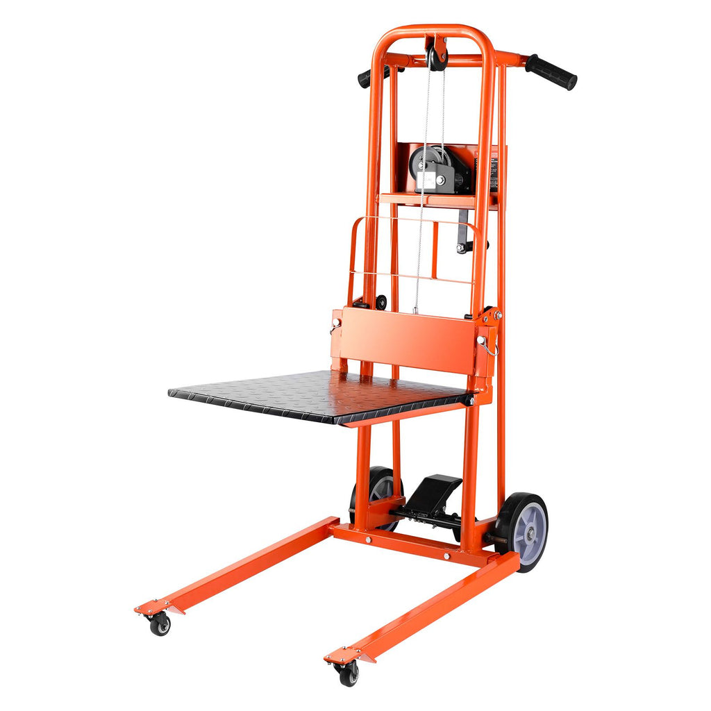 Material Lift Winch Stacker, 330 lbs Capacity Pallet Truck Dolly, 42.9 in Max Lifting Height Manual Winch Stacker, Multifunctional Manual Pallet Truck Stacker with Swivel Casters and Lift Plate