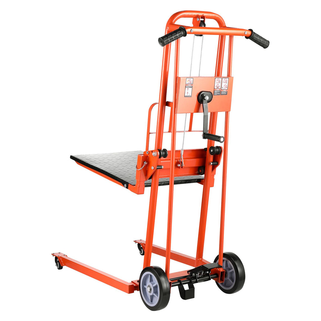 Material Lift Winch Stacker, 330lbs Capacity Pallet Truck Dolly, 42.9in Max Lifting Height Manual Winch Stacker, Multifunctional Manual Pallet Truck Stacker with Swivel Casters and Lift Plate