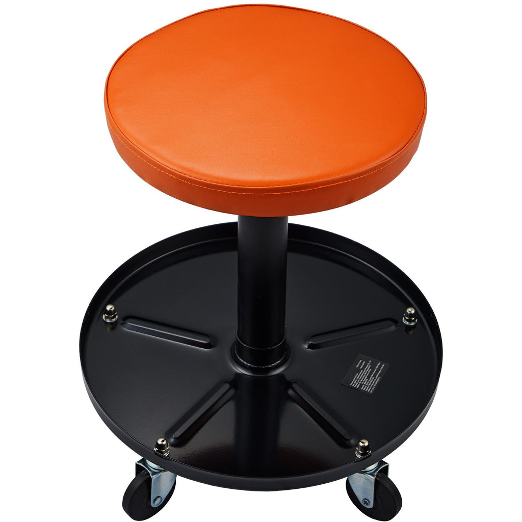 Mechanic Stool, 250 LBS Rolling Pneumatic Creeper Garage/Shop Seat, Adjustable Height 22 in-28 in Padded Rolling Workshop Stool with Tool Tray, for Garage, Shop, Auto Repair, Black+Orange