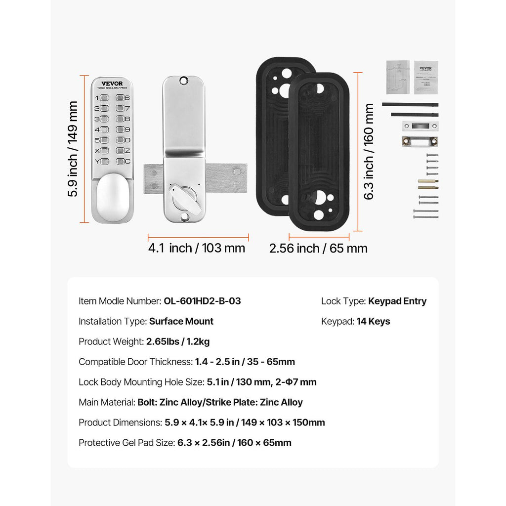 Mechanical Keyless Entry Door Lock, 14 Key Mechanical Door Lock, Mechanical Keypad Door Lock with Adjustable Thumb Knob, Single-Side Zinc Alloy Waterproof Keyless Gate Lock, for Home Office