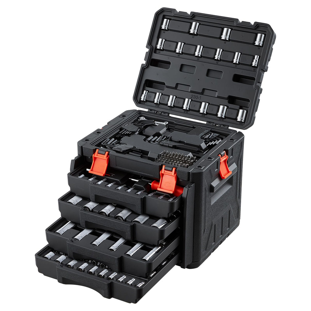 Mechanics Tool Set, 230-Piece Mechanic Tool Kit, 1/4 in, 3/8 in, and 1/2 in Drive, SAE and Metric Socket Set, Wrenches, Screwdriver Bits, Accessories, and Storage Case, for Automotive Repair