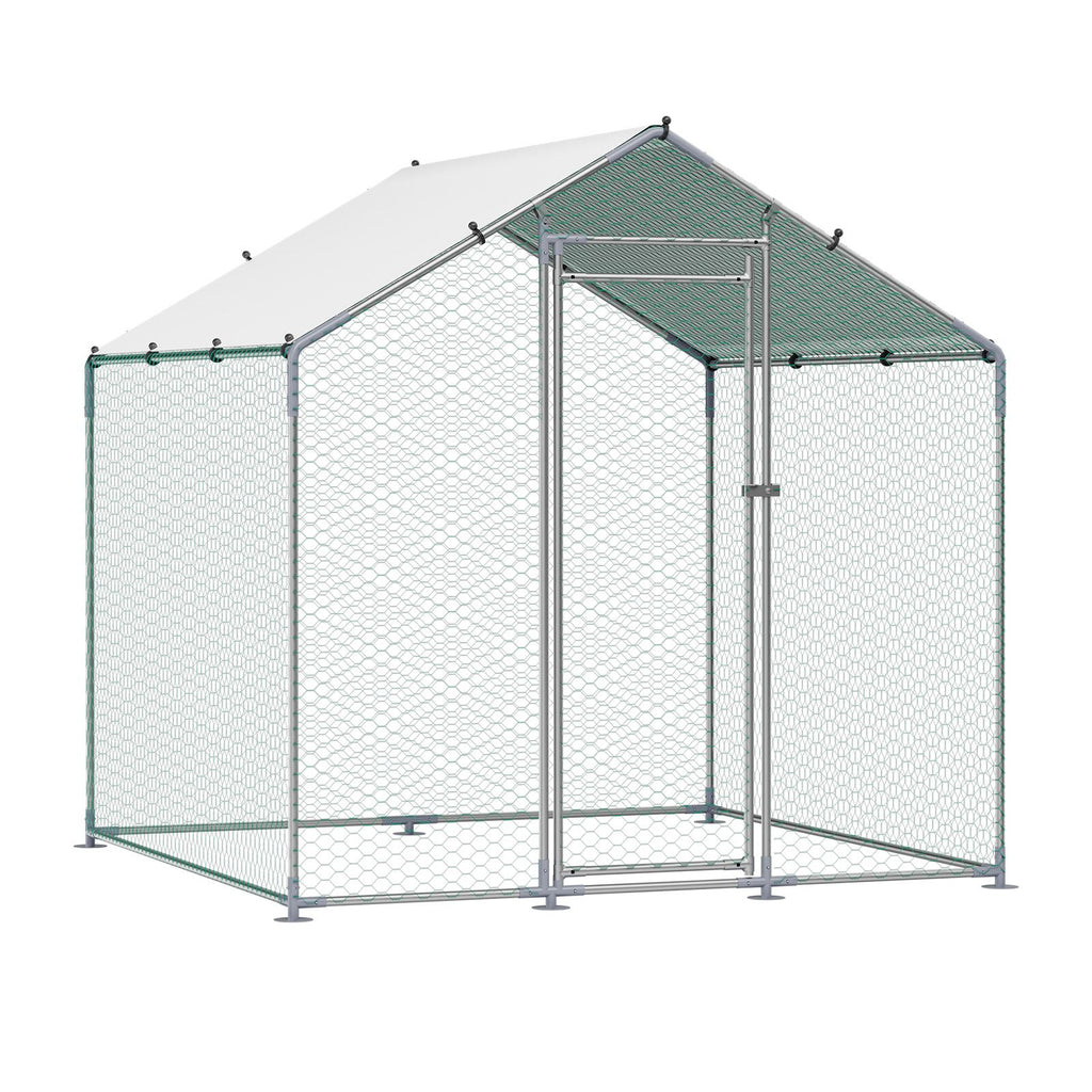 Metal Chicken Coop, 6.56x6.56x6.56ft Large Walk-in Chicken Runs with Cover, Spire Roof Hen House Enclosure with Security Lock, Outdoor Duck Rabbit Cage Poultry Pen for Backyard, Farm, Yard