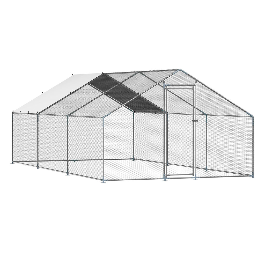 Metal Chicken Coop, 9.8x19.6x6.5 ft Large Walk-in Chicken Runs with Cover, Spire Roof Hen House Enclosure with Security Lock, Outdoor Duck Rabbit Cage Poultry Pen for Backyard, Farm, Yard