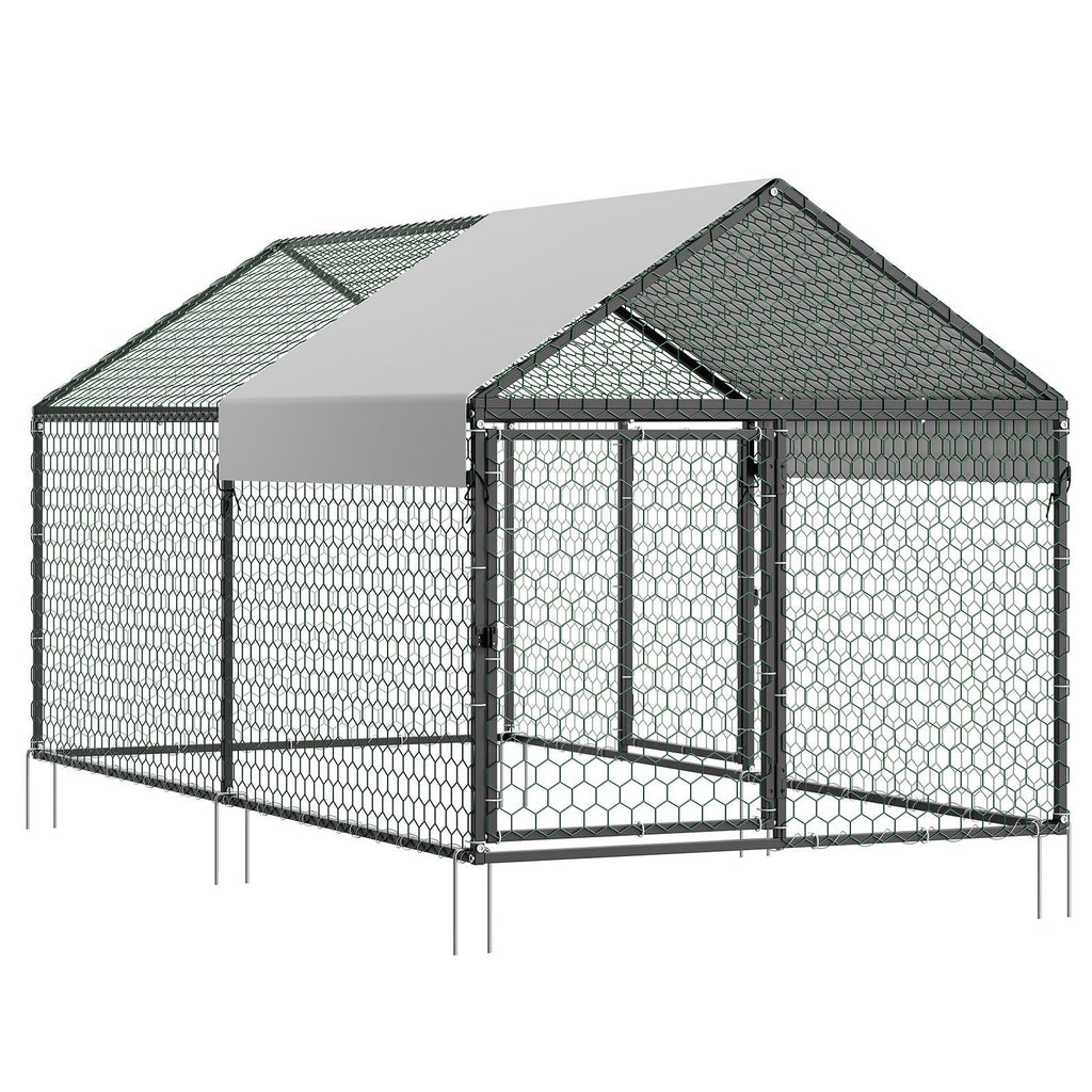 Metal Chicken Coop for 4-6 Chickens, 3.3 x 6.6 x 3.3 ft, Small Chicken Cage with Waterproof Cover & Double Doors, Spire Roof Poultry Run Compatible with Wooden Coops, for Rabbit Hen Goose Duck