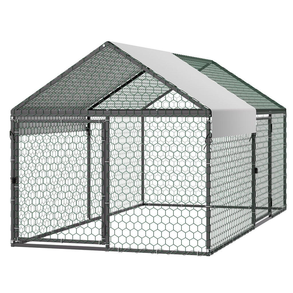 Metal Chicken Coop for 4-6 Chickens, 3.3 x 6.6 x 3.3 ft, Small Chicken Cage with Waterproof Cover & Double Doors, Spire Roof Poultry Run Compatible with Wooden Coops, for Rabbit Hen Goose Duck