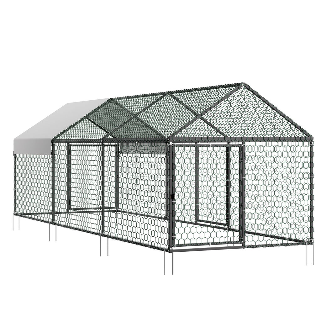 Metal Chicken Coop for 6-8 Chickens, 3.3 x 9.8 x 3.3 ft, Small Chicken Cage with Waterproof Cover & 3 Doors, Spire Roof Poultry Run Compatible with Wooden Coops, for Rabbit Hen Goose Duck