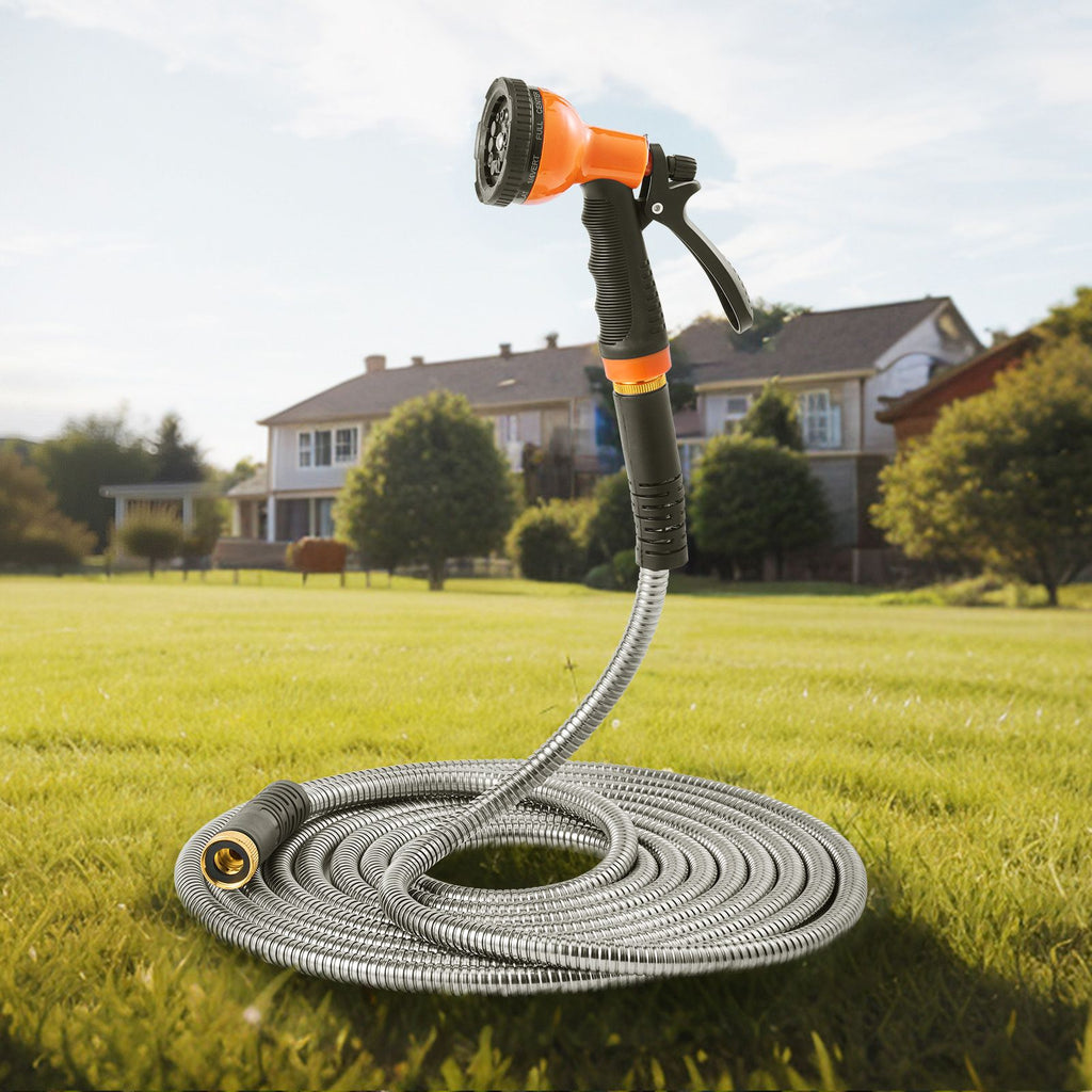 Metal Garden Hose 150 ft, Rust Proof Stainless Steel Water Hose, Heavy Duty Backyard Hose with 10 Function Nozzle, No-Kink & Flexible Water Pipe, Lightweight Metal Hose for Yard, Outdoor
