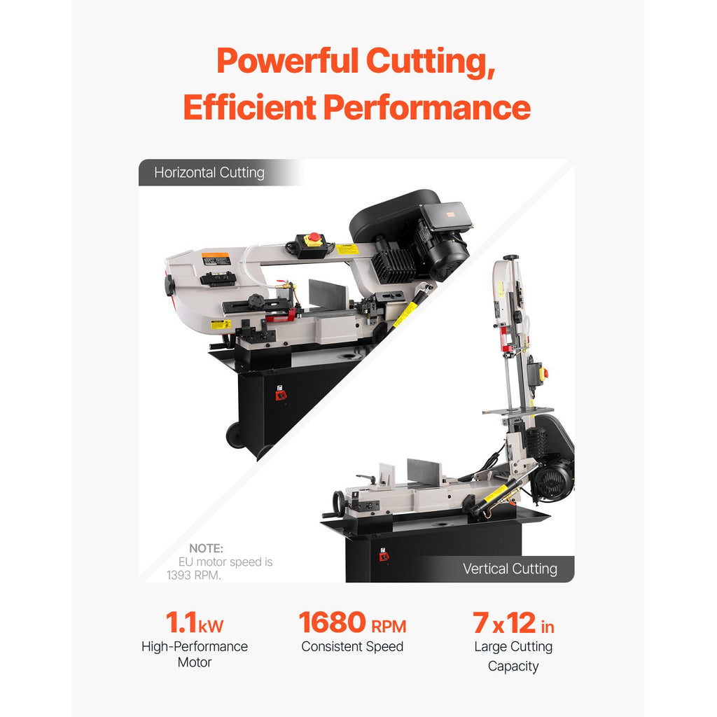 Metal Horizontal Band Saw, 7 x 12 in Rectangular Cutting Capacity, 110/220V Metal Vertical Cutting Bandsaw with 1.1 kW Motor, 0-45° Angle Adjustment, Variable Speed, for Metal, Wood, and Plastic image 2