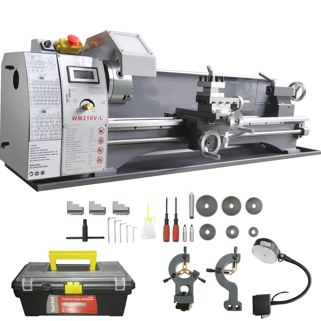 Metal Lathe Machine, 211 mm x 750 mm, Precision Benchtop Power Metal Lathe, 0-2500 RPM Continuously Variable Speed, 750W Brushless Motor Metal Gears, with Tool Box for Processing Precision Parts