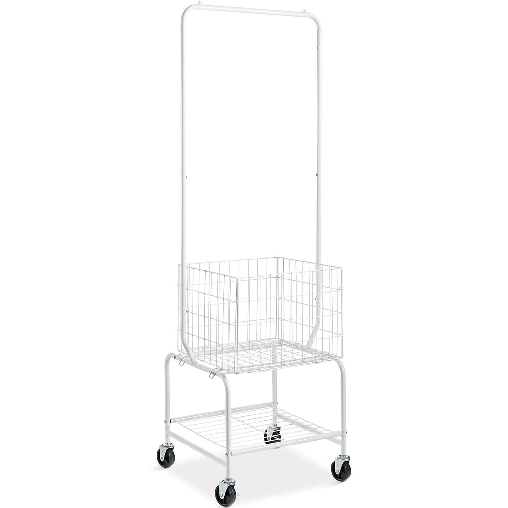 Metal Rolling Laundry Basket with Hanging Garment Rack, Height Adjustment Laundry Hamper Cart with Basket Load and Shelf Load, Storage Organizer with Heavy Duty Lockable Wheels