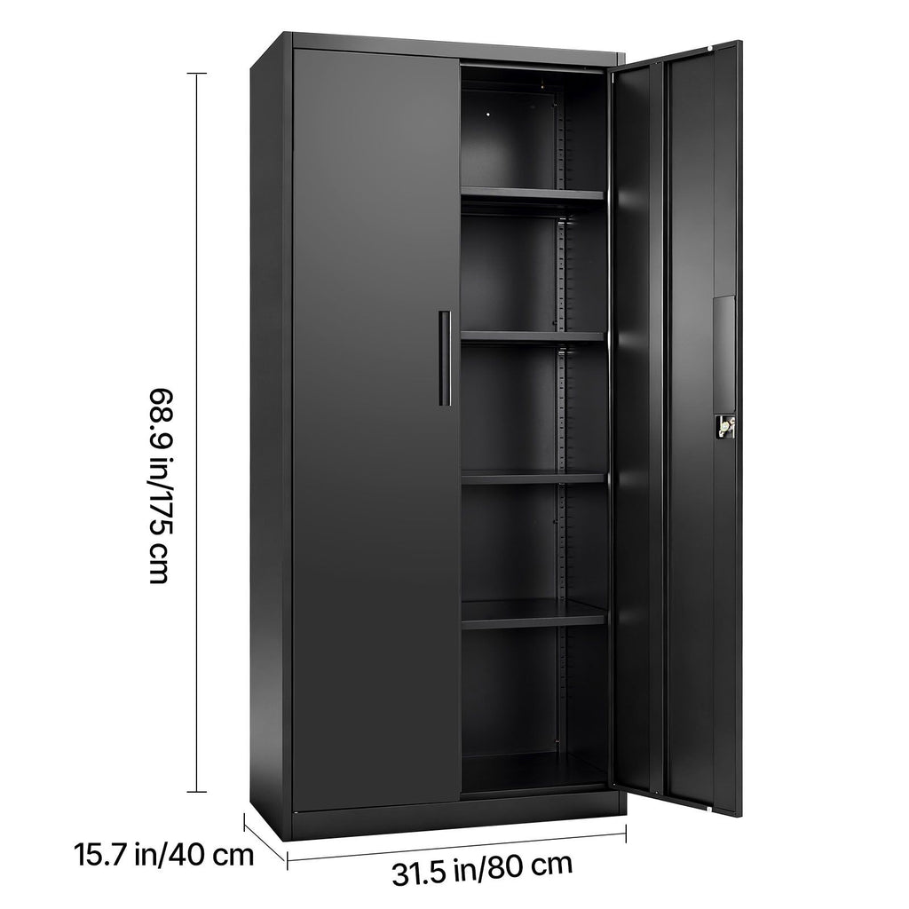 Metal Storage Cabinet, 68.9 in Lockable Steel Garage Cabinet with 4 Adjustable Shelves, 2 Magnetic Doors, 2 Keys, 5 Tiers Tool Storage for Pantry, Warehouse, Basement, Laundry, Office, Black