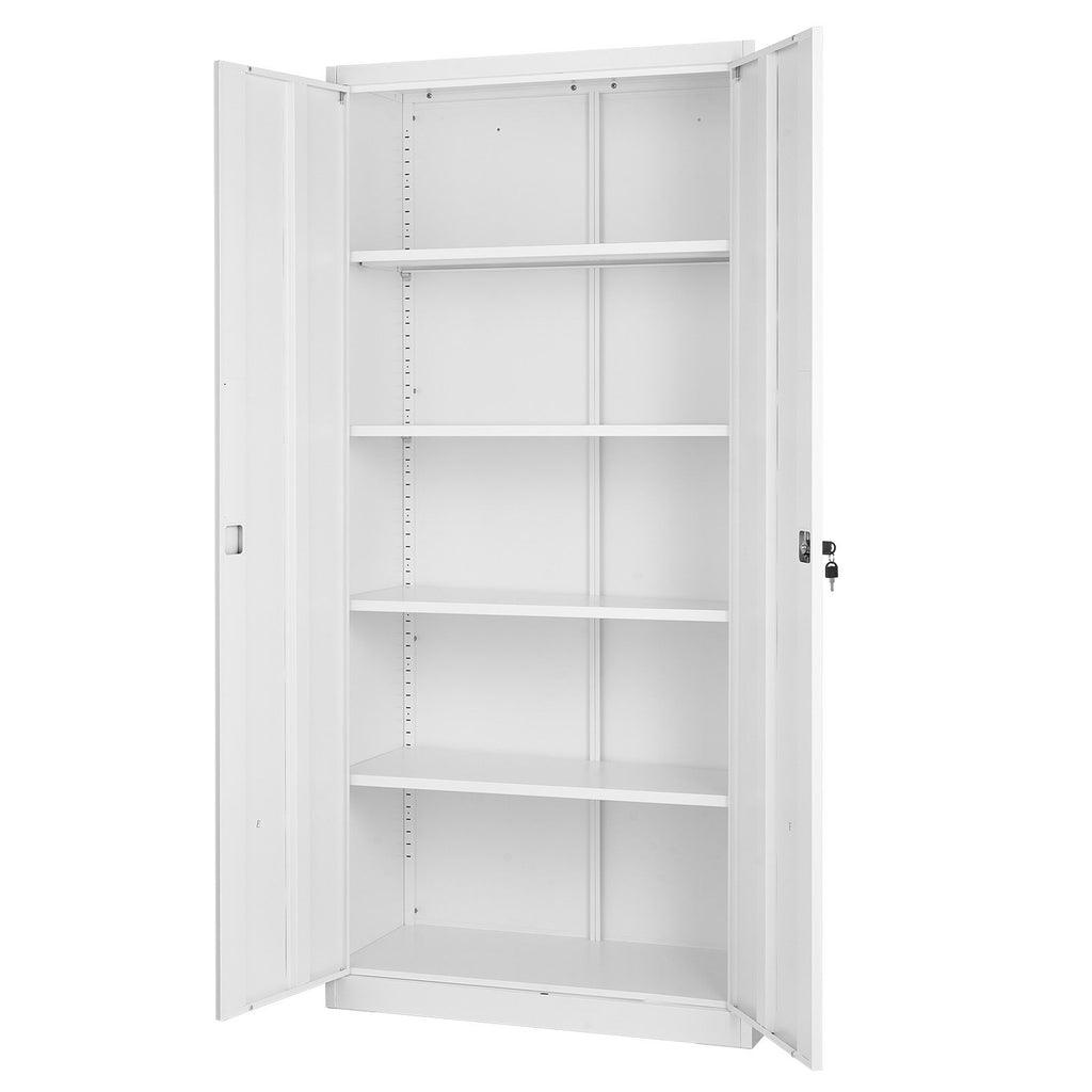Metal Storage Cabinet, 68.9 in Lockable Steel Garage Cabinet with 4 Adjustable Shelves, 2 Magnetic Doors, 2 Keys, 5 Tiers Tool Storage for Pantry, Warehouse, Basement, Laundry, Office, White